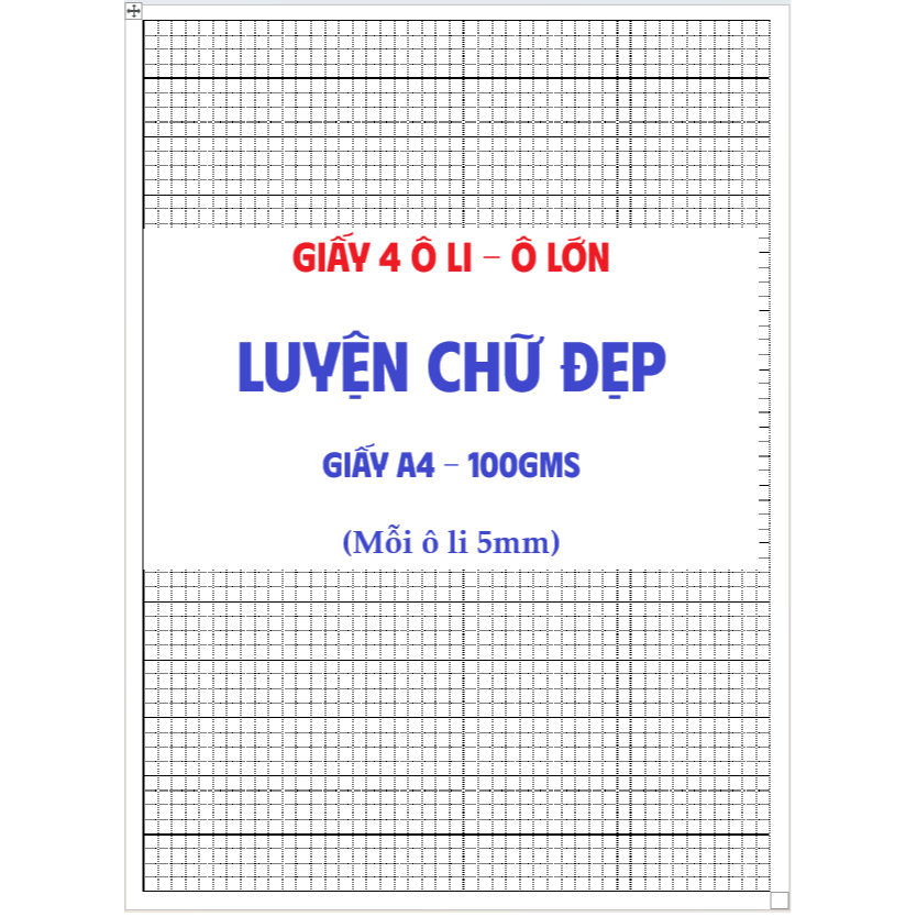 51 Tờ giấy luyện chữ đẹp. 4 Ô LI - Ô LỚN - giấy A4 100gsm- In 2 mặt
