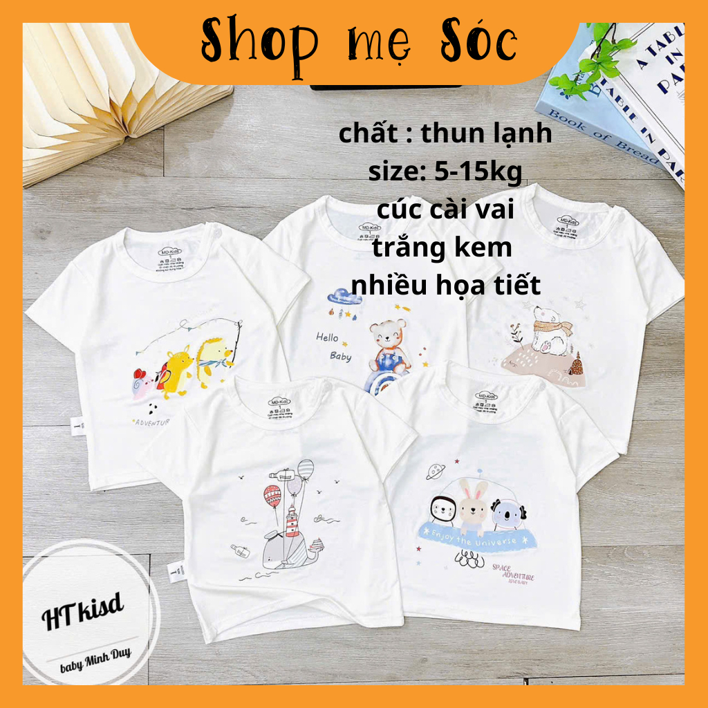 Áo cộc chất thun lạnh NỀN TRẮNG KEM họa tiết thú đáng yêu, có cúc cài vai cho bé từ 3-13kg Mesocshop
