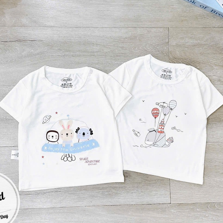 Áo cộc chất thun lạnh NỀN TRẮNG KEM họa tiết thú đáng yêu, có cúc cài vai cho bé từ 3-13kg Mesocshop