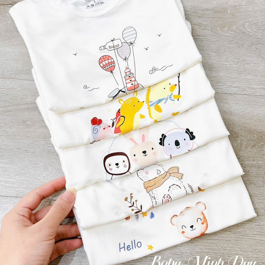 Áo cộc chất thun lạnh NỀN TRẮNG KEM họa tiết thú đáng yêu, có cúc cài vai cho bé từ 3-13kg Mesocshop