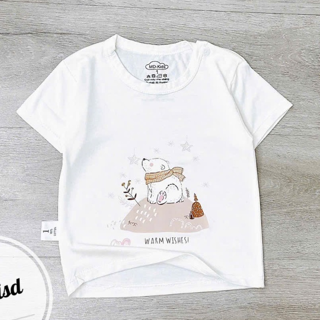 Áo cộc chất thun lạnh NỀN TRẮNG KEM họa tiết thú đáng yêu, có cúc cài vai cho bé từ 3-13kg Mesocshop