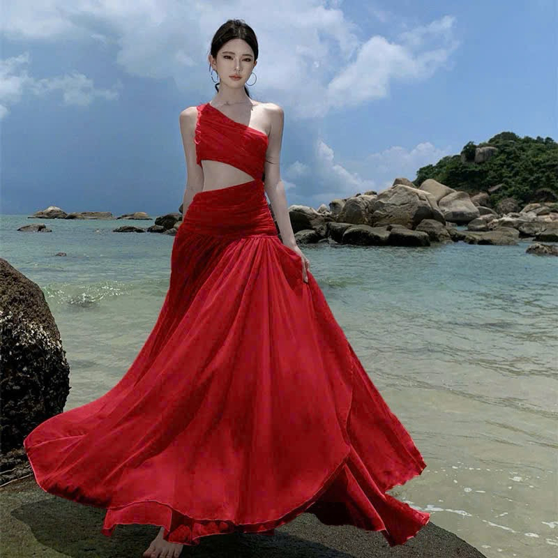 Đầm Maxi Đi Biển Hai Màu Đỏ Trắng – Khoét Eo Gợi Cảm, Sang Chảnh, Tôn Vòng Eo, Dáng Dài Bay Bổng, Phong Cách Nữ Tính