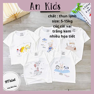 Áo cộc chất thun lạnh NỀN TRẮNG KEM họa tiết thú đáng yêu, có cúc cài vai cho bé từ 4-14kg Mesocshop