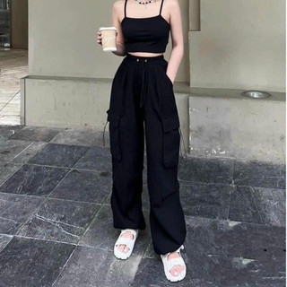 Quần Nữ Thụng Túi Hộp Ống Rộng Dây Rút Gấu Quần Kaki Chéo Hàn Dáng Dài Freesize