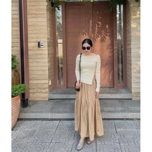 Chân váy dài chất thô ít nhăn size S màu nâu tây