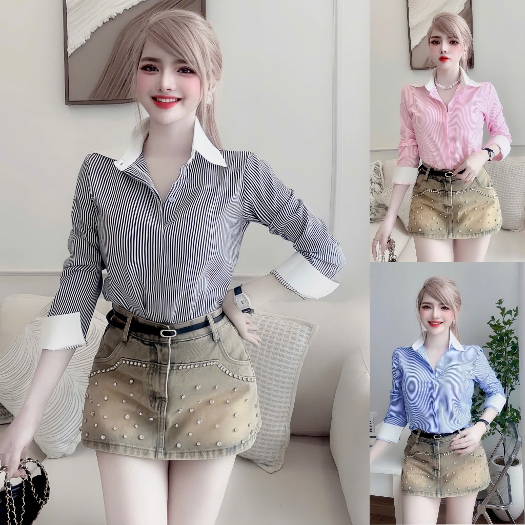Áo sơ mi nữ tay dài kẻ sọc, áo sơ mi công sở