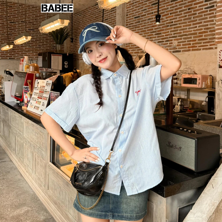 Áo Sơ Mi Nữ BABEE Form Rộng Tay Ngắn Chất Kate Hàn Kẻ Sọc Basic Thêu Nơ, Ngựa Trẻ Trung Xinh Xắn