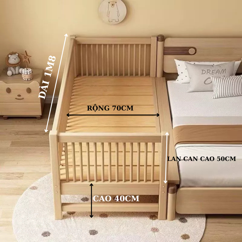 Giường ngủ cho bé ghép cạnh giường bố mẹ chất liệu gỗ thông tự nhiên ...