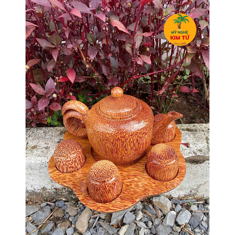 Bộ Bình Trà Lê Gỗ Dừa Dĩa Hoa Mai Phù Hợp Trà Đạo, Trang Trí Bàn Trà, Thiết Kế Sang Trọng, Dùng Biếu Tặng - KIM TỨ