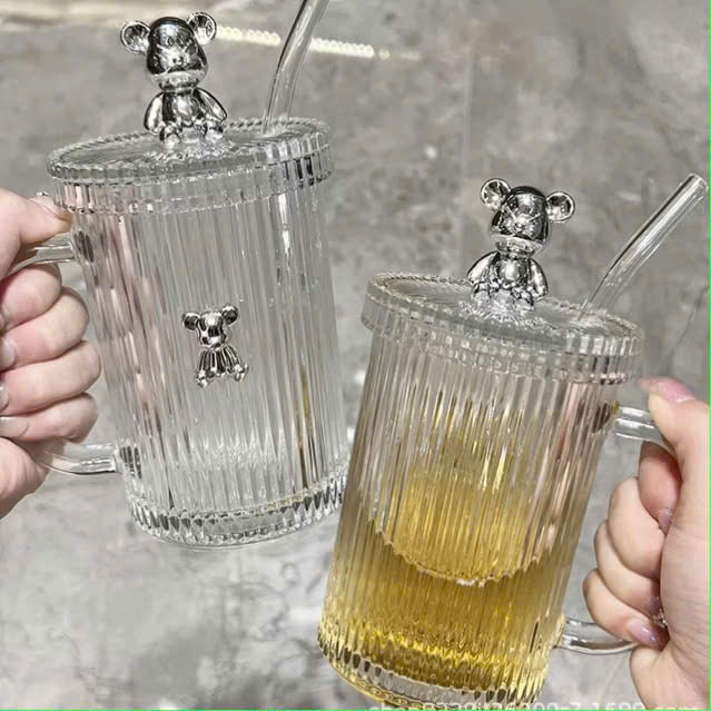 CỐC UỐNG TRÀ CÀ PHÊ CÓ NẮP THỦY TINH - Cốc Thủy Tinh Giữ Nhiệt Tốt,Ly Thủy Tinh Giữ Nhiệt Hình Gấu Bearbrick 400ml