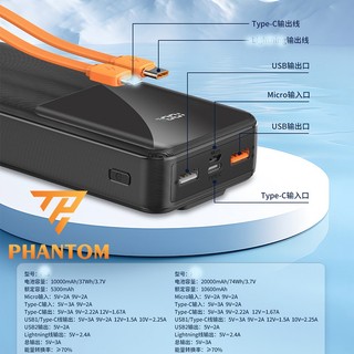 Pin sạc dự phòng PHANTOM P51 10000mAh TypeC PD 20W & USB-A QC 3.0 22.5W, Kèm 2 Cáp sạc ra