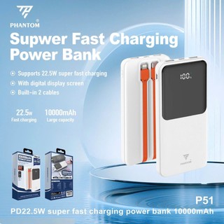 Pin sạc dự phòng PHANTOM P51 10000mAh TypeC PD 20W & USB-A QC 3.0 22.5W, Kèm 2 Cáp sạc ra