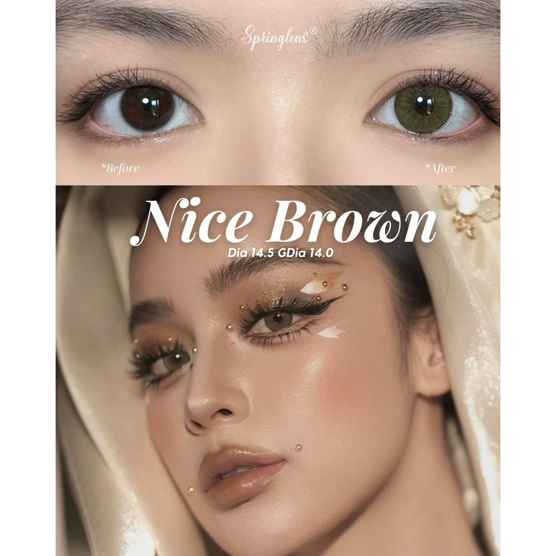 Kính áp tròng nâu rêu NICE BROWN tây sáng viền giãn tròng to 1 tháng | Spring Lens