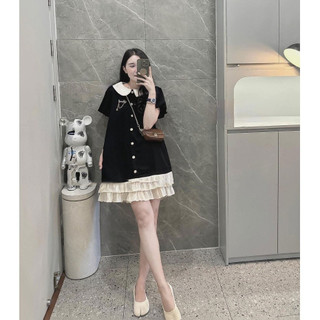 Váy Đầm Nữ Đen Phối Cổ Sen Kem Cúc Ngọc Kèm Tag Chaneo Cài Rời Phối Gấu Viền Voan 2 Tầng Freesize