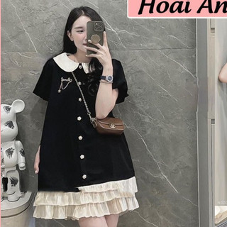 Váy Đầm Nữ Đen Phối Cổ Sen Kem Cúc Ngọc Kèm Tag Chaneo Cài Rời Phối Gấu Viền Voan 2 Tầng Freesize