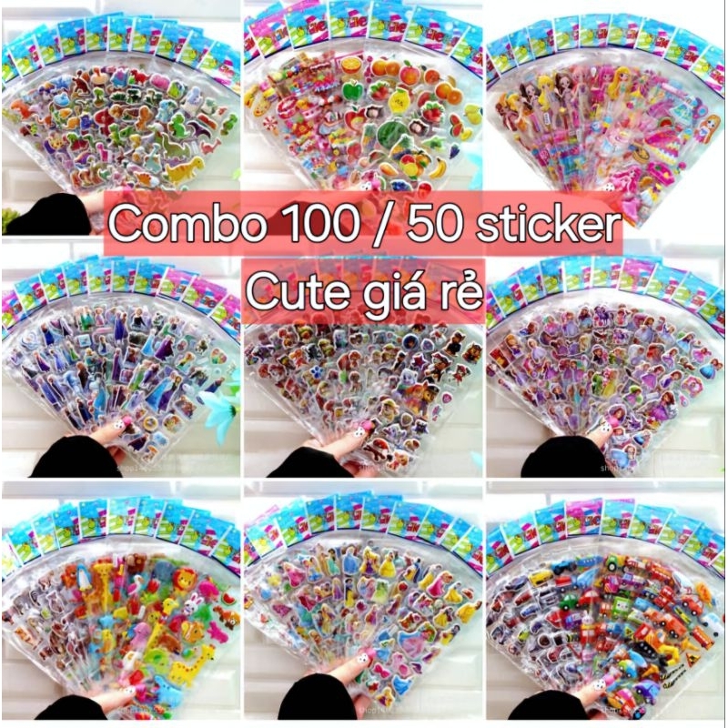 combo 100 sticker 50 sticker hình dán 3D nổi trang trí quà tặng đồ chơi ...