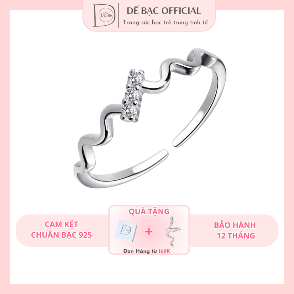Nhẫn ngón út bạc 925 dành cho nữ Dế Bạc sóng mặt 1 hàng 3 đá xinh xắn - N6213
