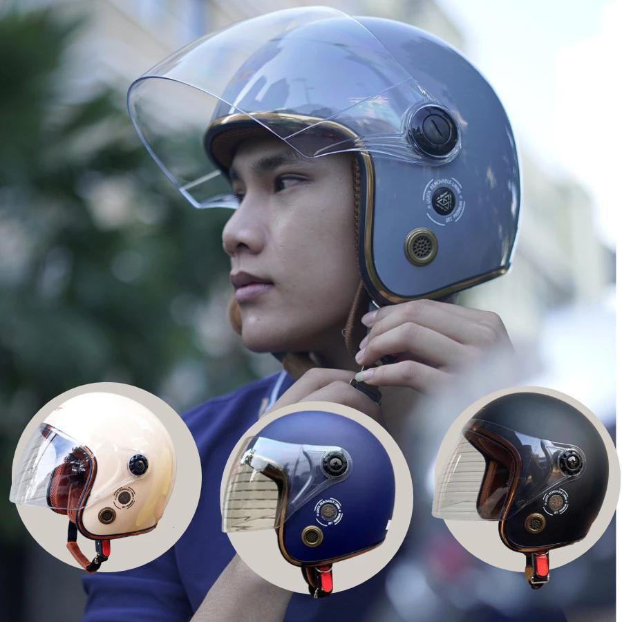Mũ bảo hiểm 3/4 GRX kính dài kín mặt - Hai lỗ thông gió - nhiều màu phù hợp mọi lứa tuổi (52-60cm)