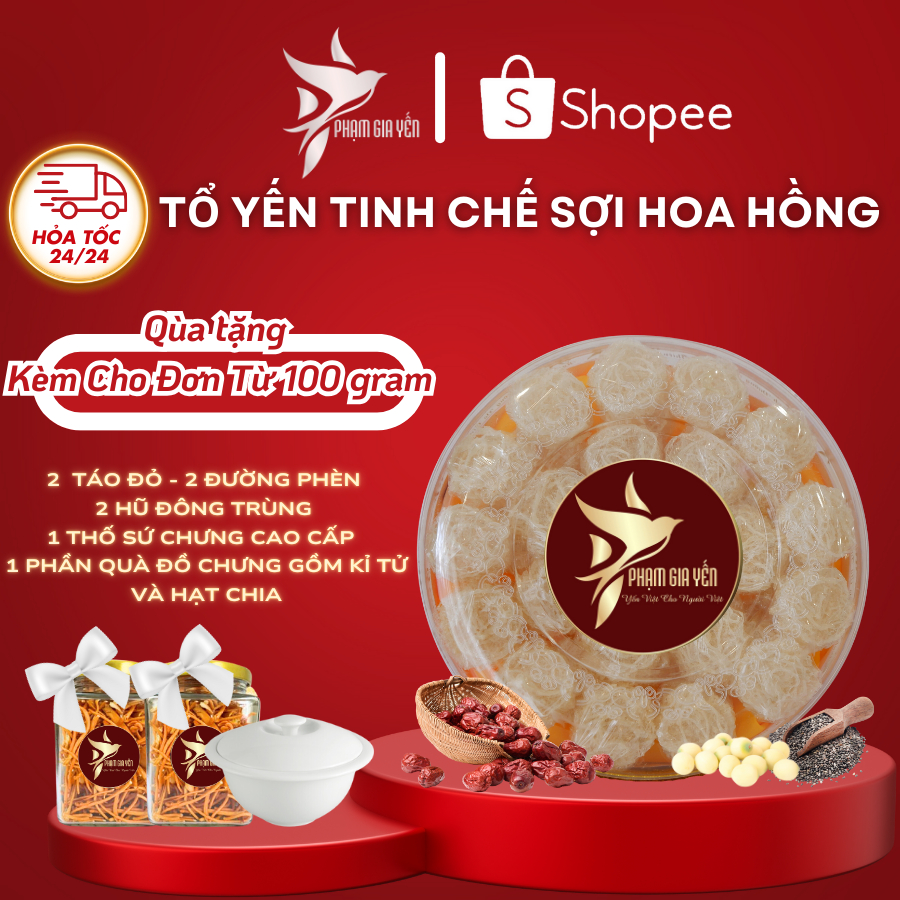 Tổ Yến Tinh Chế Sợi Đắp Hoa Hồng Nguyên Chất 100% -  Yến Sào Phạm Gia
