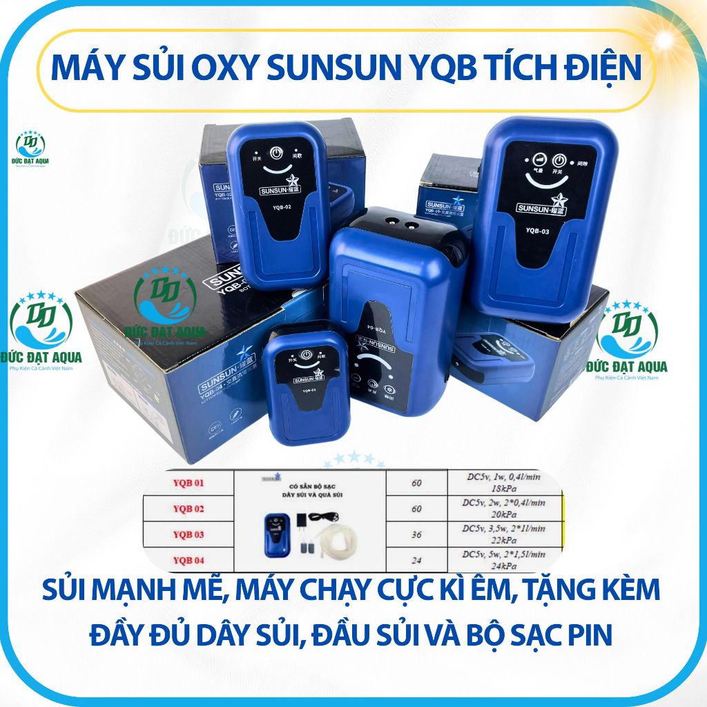 Sủi tích điện SUNSUN YQB-01,02,03,04 - Sủi mạnh mẽ, máy chạy êm, kèm, dây sủi, đầu sủi và bộ sạc pin