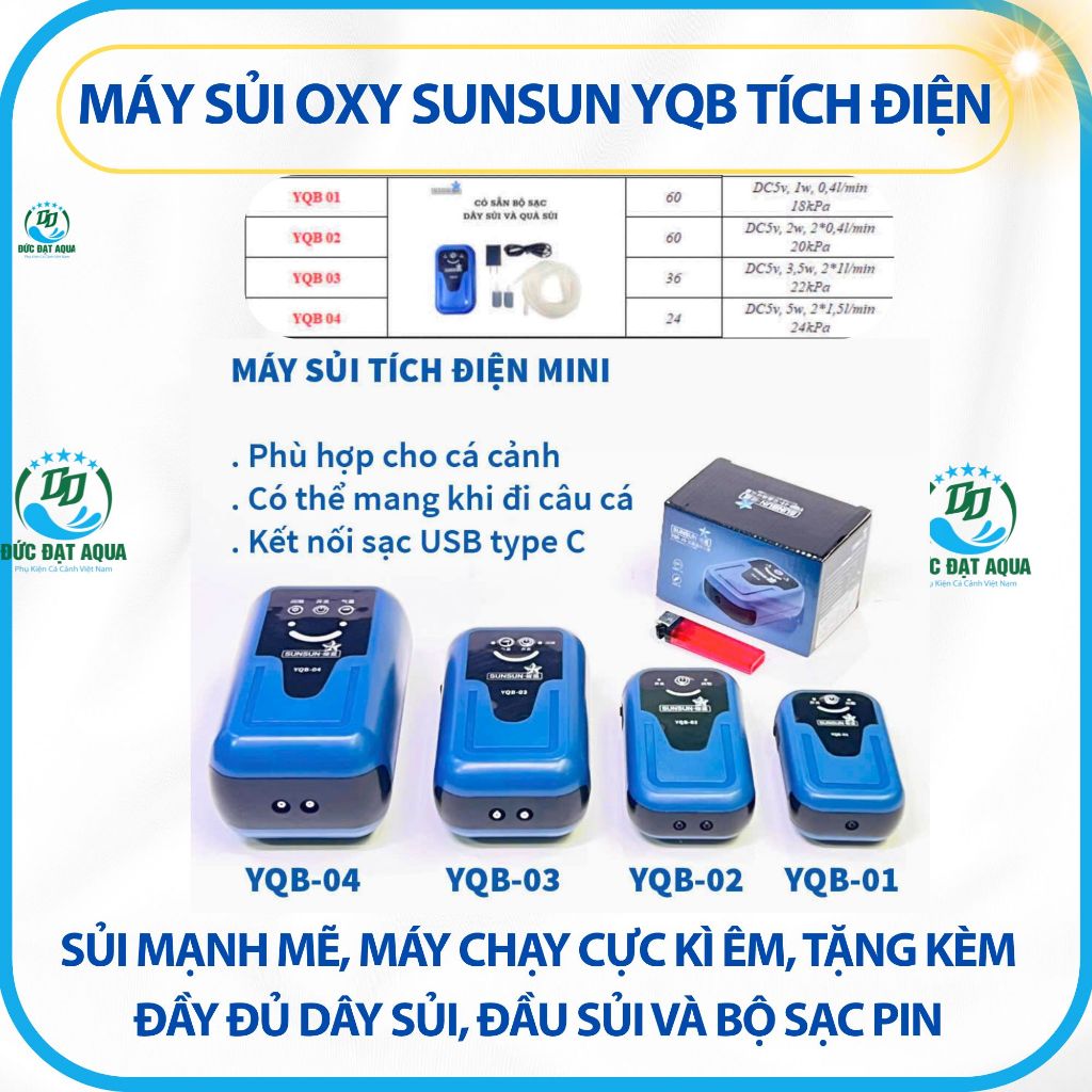 Sủi tích điện SUNSUN YQB-01,02,03,04 - Sủi mạnh mẽ, máy chạy êm, kèm, dây sủi, đầu sủi và bộ sạc pin 9