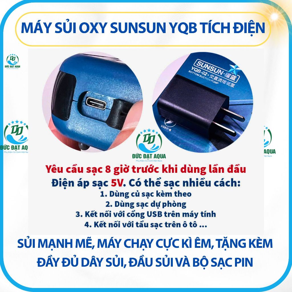 Sủi tích điện SUNSUN YQB-01,02,03,04 - Sủi mạnh mẽ, máy chạy êm, kèm, dây sủi, đầu sủi và bộ sạc pin 5