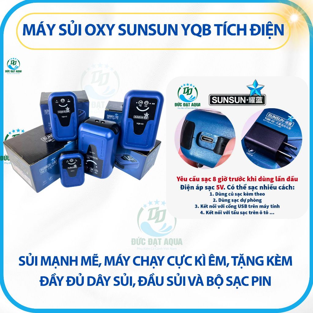 Sủi tích điện SUNSUN YQB-01,02,03,04 - Sủi mạnh mẽ, máy chạy êm, kèm, dây sủi, đầu sủi và bộ sạc pin 7