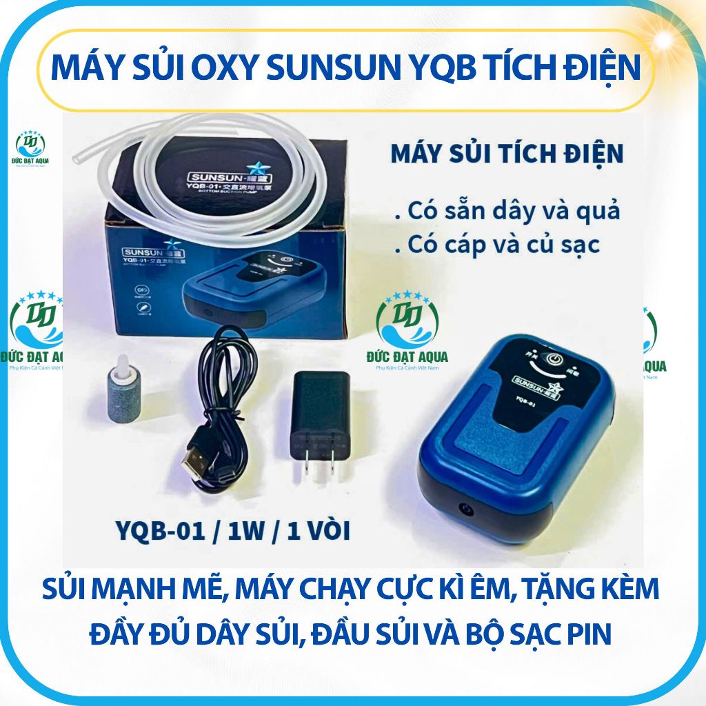 Sủi tích điện SUNSUN YQB-01,02,03,04 - Sủi mạnh mẽ, máy chạy êm, kèm, dây sủi, đầu sủi và bộ sạc pin 4