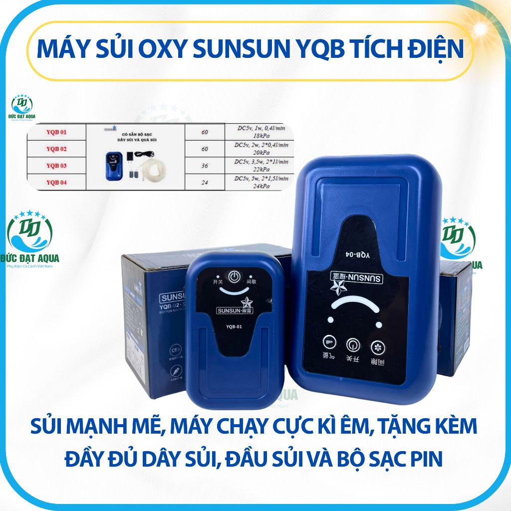 Sủi tích điện SUNSUN YQB-01,02,03,04 - Sủi mạnh mẽ, máy chạy êm, kèm, dây sủi, đầu sủi và bộ sạc pin 3