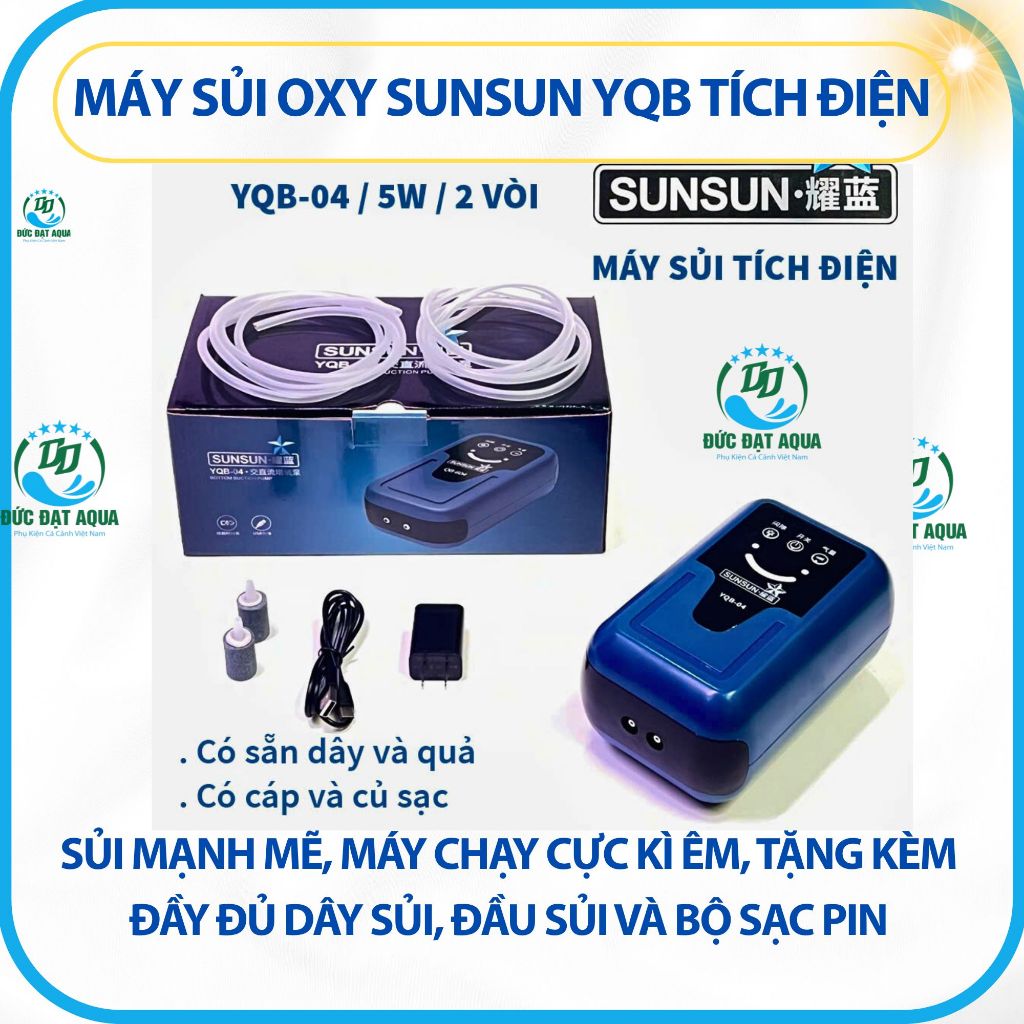 Sủi tích điện SUNSUN YQB-01,02,03,04 - Sủi mạnh mẽ, máy chạy êm, kèm, dây sủi, đầu sủi và bộ sạc pin 6