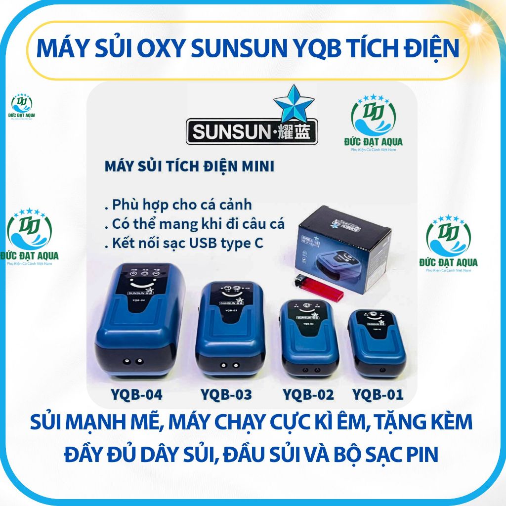 Sủi tích điện SUNSUN YQB-01,02,03,04 - Sủi mạnh mẽ, máy chạy êm, kèm, dây sủi, đầu sủi và bộ sạc pin 2