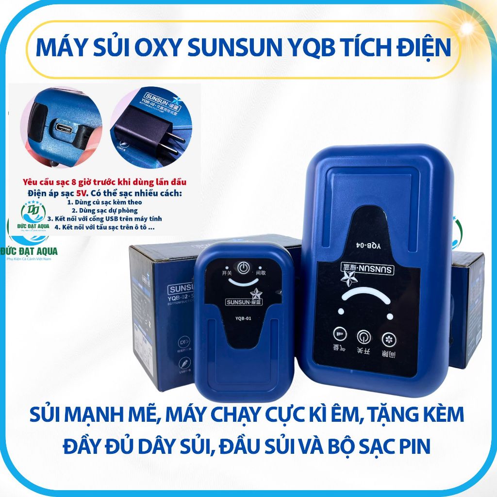 Sủi tích điện SUNSUN YQB-01,02,03,04 - Sủi mạnh mẽ, máy chạy êm, kèm, dây sủi, đầu sủi và bộ sạc pin 8