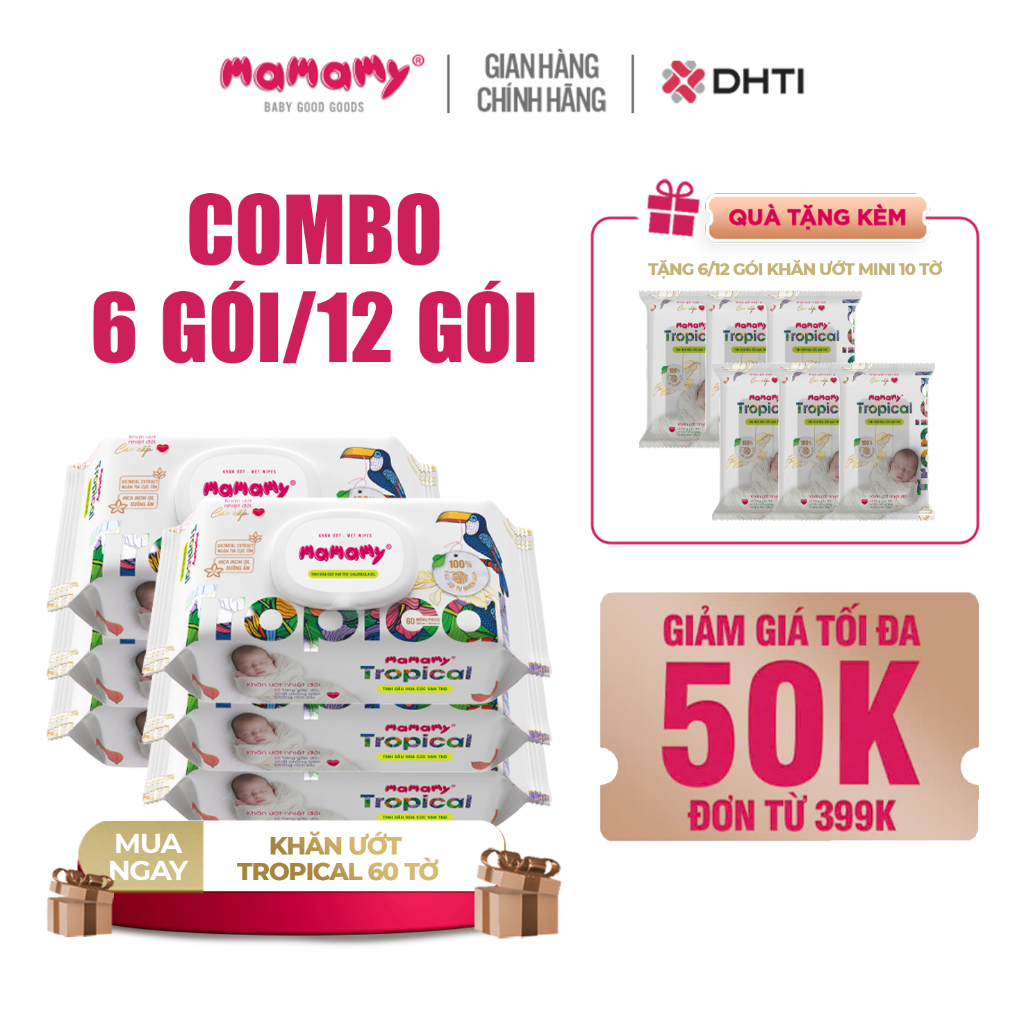 Ảnh Khăn ướt cao cấp cho bé Mamamy Tropical gói 60 tờ 100% sợi tự nhiên và rayon ngừa hăm, mềm dai sạch cực 1