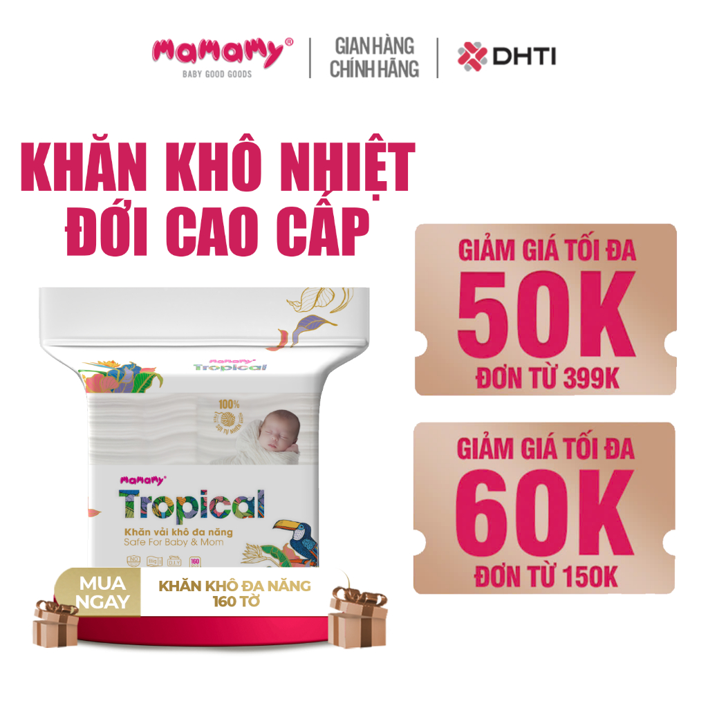 Ảnh Khăn khô cao cấp cho bé Mamamy 100% sợi tự nhiên và rayon Tropical gói 160 tờ mềm, dai, sạch cực 1