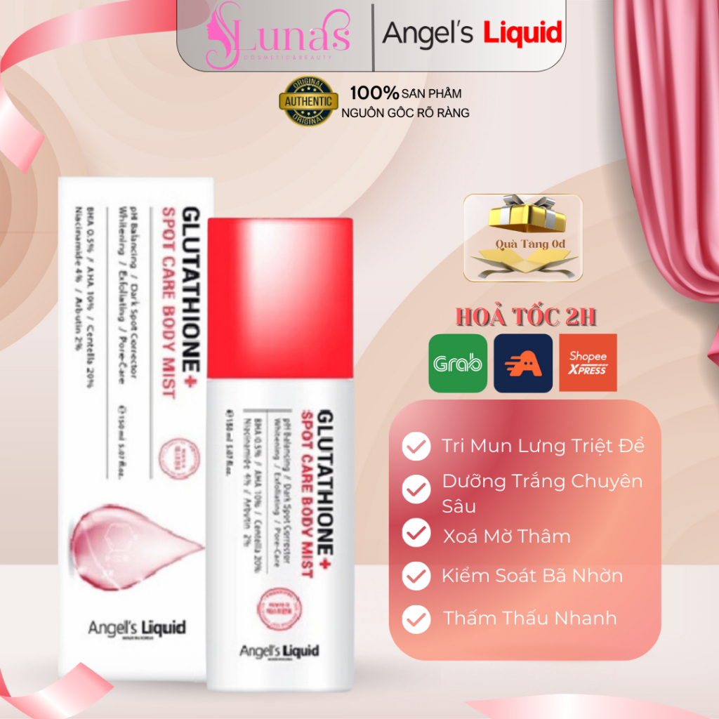 angel's liquid glutathione centella calming body mist Xịt Giảm Mụn Lưng Dưỡng Trắng Angel's Liquid Glutathione Centella Calming  Body Mist 150ml