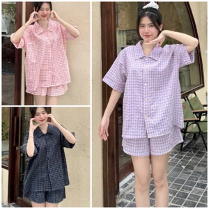Set Đồ Ngủ Nữ, Bộ Pyjama Kẻ Caro Nhiều Màu Phong Cách Hàn Quốc Chất Xốp Mịn Mát