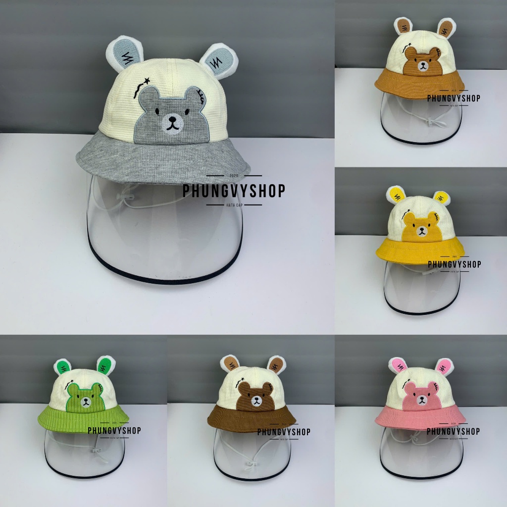 BÉ Dưới 2 Tuổi_Mũ chống giọt bắn chắn gió bụi mưa bucket tai bèo vành phungvyshop-nón / Bo nhí "KIẾNG" GẤU VÁ NET  /