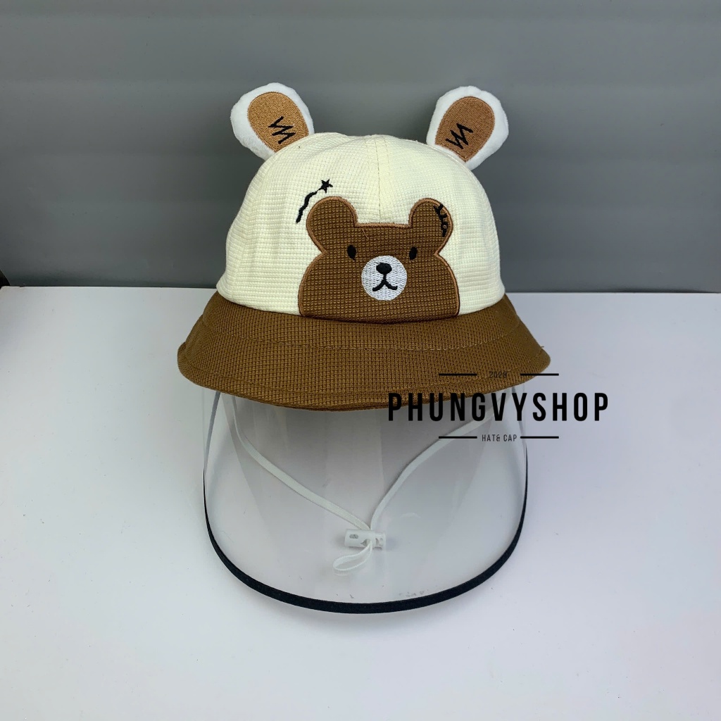BÉ Dưới 2 Tuổi_Mũ chống giọt bắn chắn gió bụi mưa bucket tai bèo vành phungvyshop-nón / Bo nhí "KIẾNG" GẤU VÁ NET  /