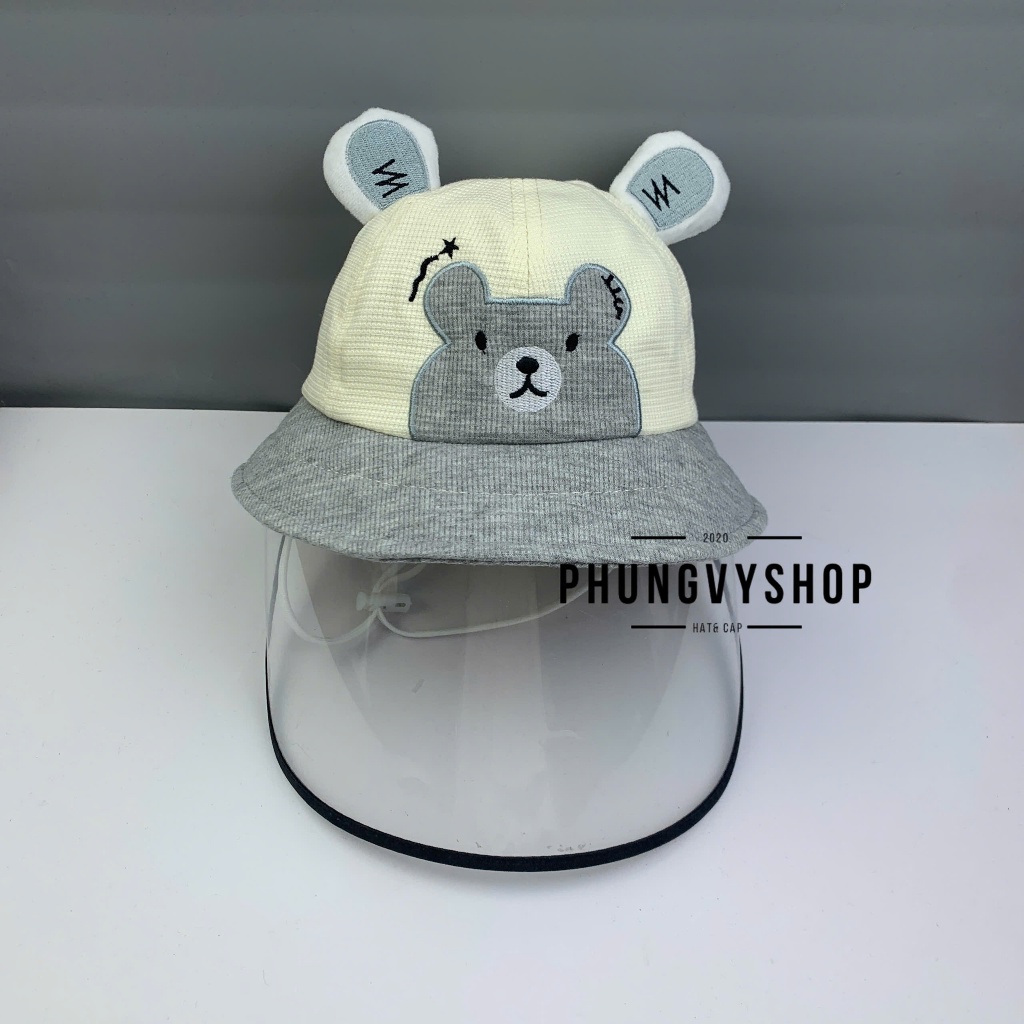 BÉ Dưới 2 Tuổi_Mũ chống giọt bắn chắn gió bụi mưa bucket tai bèo vành phungvyshop-nón / Bo nhí "KIẾNG" GẤU VÁ NET  /