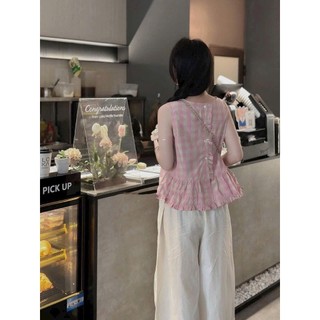 Set Bộ Quần Áo Nữ Áo Sát Nách Kẻ Caro Hồng Bèo Gấu Cài Cúc Lưng Mix Quần Suông Dài Ống Rộng Viền Gấu Ren Freesize