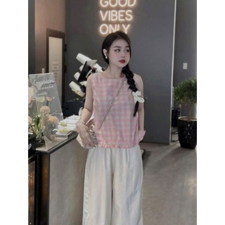 Set Bộ Quần Áo Nữ Áo Sát Nách Kẻ Caro Hồng Bèo Gấu Cài Cúc Lưng Mix Quần Suông Dài Ống Rộng Viền Gấu Ren Freesize