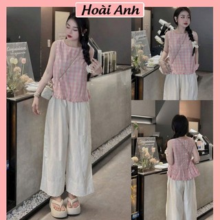 Set Bộ Quần Áo Nữ Áo Sát Nách Kẻ Caro Hồng Bèo Gấu Cài Cúc Lưng Mix Quần Suông Dài Ống Rộng Viền Gấu Ren Freesize