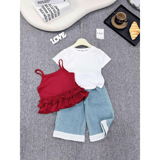 Sét 2 chi tiết áo 2 dây đỏ mix quần jean xuông cho bé gái