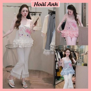 Áo 2 Dây Nữ In Mèo Nơ Hồng Trái Tim Phối Bèo Gấu Xoè 3 Tầng Có Chốt Tăng Giảm Freesize