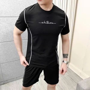 Bộ Nam Mùa Hè Thêu Chữ, Chạy Vân Viền Chất Cotton Tổ Ong Co Dãn 4 Chiều Mềm Mát