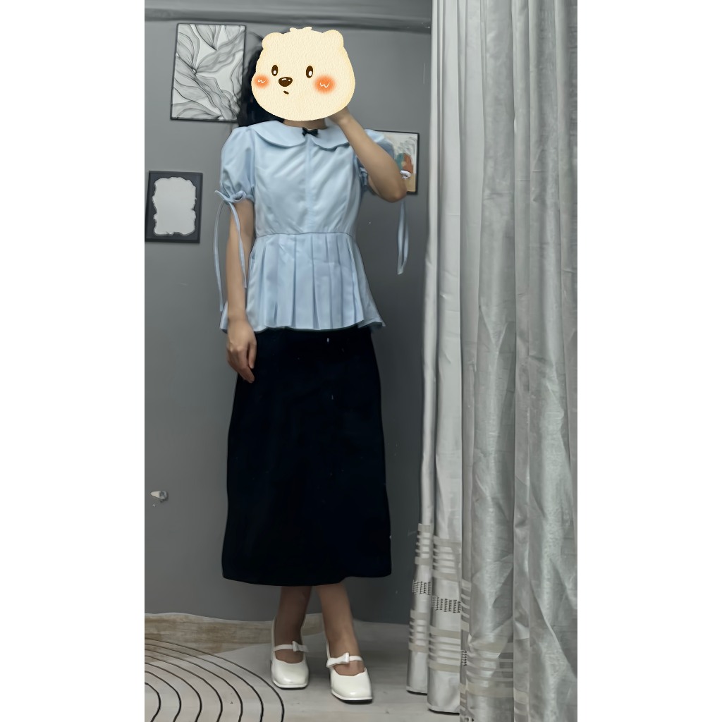 Áo sơ mi cổ sen dáng baby doll chiết eo xếp ly đính nơ LALASTORE SM09