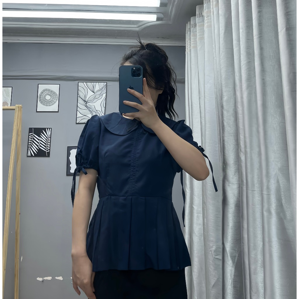 Áo sơ mi cổ sen dáng baby doll chiết eo xếp ly đính nơ MUZA  A13