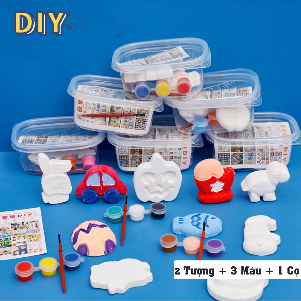 Combo 5 Tô Tượng Thạch Cao Mini 1 Bộ Gồm 2 Tượng + 3 Lọ Màu + 1 Cọ + 1 Hộp