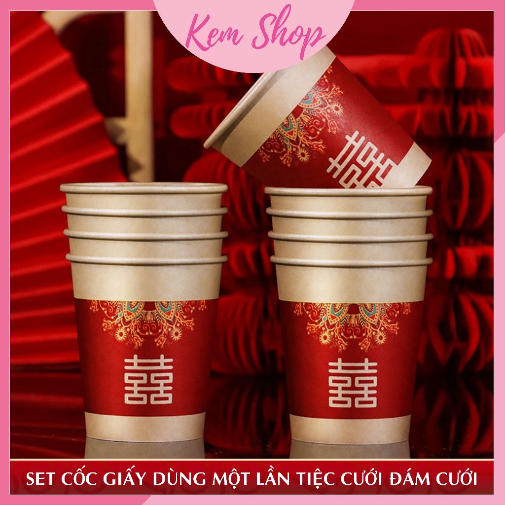 Set 50 cốc giấy, cốc chữ hỷ dùng một lần dùng trong sinh nhật, tiệc cưới, đám cưới - K94