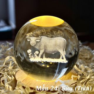 BỘ QUẢ CẦU PHA LÊ 3D Đường kính 8cm + ĐẾ GỖ ĐÈN LED MỘT MÀU VÀNG ẤM MƯỜI HAI Con Giáp Tí, Sửu, Dần, Mão, Thìn, Tị, N